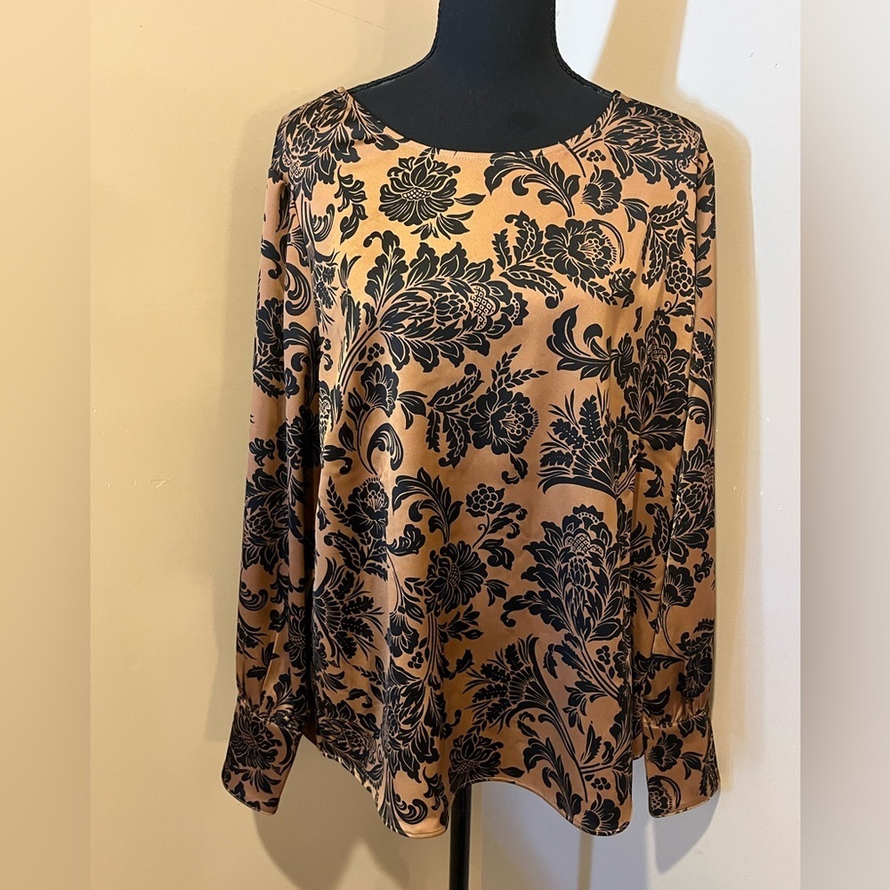 Soft Surroundings Mayia Floral Patterned Copper & Black Long Sleeve Blouse, XL